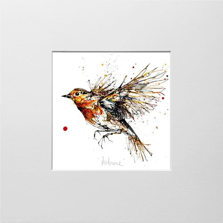 A digital mockup showing how a miniature print of Airborne by Kathryn Callaghan will look presented in a 23cm mount. Airborne features a robin in flight.