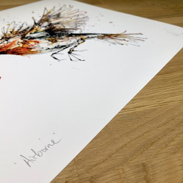 Photograph of Airborne by Kathryn Callaghan, a print of a robin in flight, which shows the print's title handwritten in the bottom left corner and the artist's signature in the bottom right, with space between to add a custom personalisation.