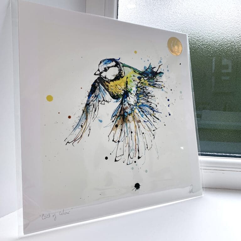 A print of Coat of Colour by Kathryn Callaghan, which features a blue tit in flight. The 30cm print is presented flat in a clear cello bag with a golden KC sticker in the top right.