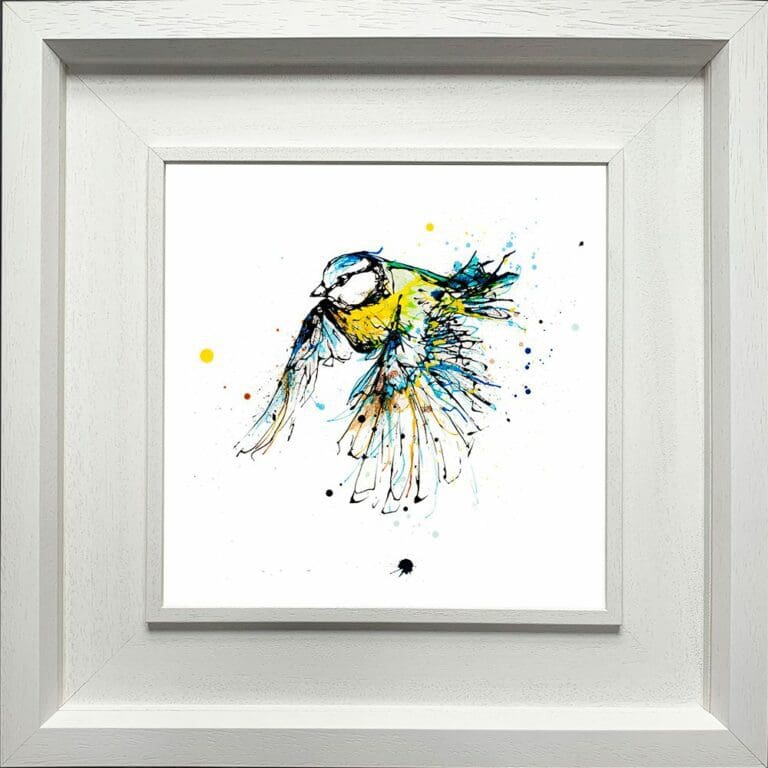 Coat of Colour Flying Blue Tit Paper Giclee Fine Art Print in Deluxe White Frame