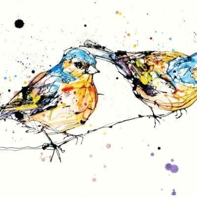 Two chaffinches sitting on a branch poured artwork by artist Kathryn Callaghan