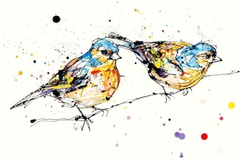 Two chaffinches sitting on a branch poured artwork by artist Kathryn Callaghan