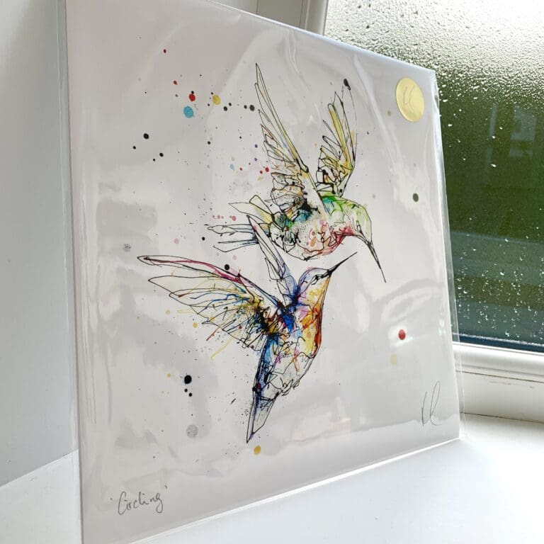 A print of Circling by Kathryn Callaghan, which features a pair of hummingbirds flying over top one another. The 30cm print is presented flat in a clear cello bag with a golden KC sticker in the top right.