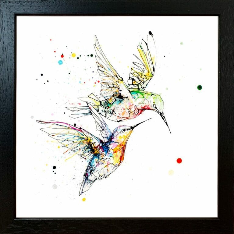 Circling Hummingbirds Paper Giclee Fine Art Print shown in Standard Black Frame