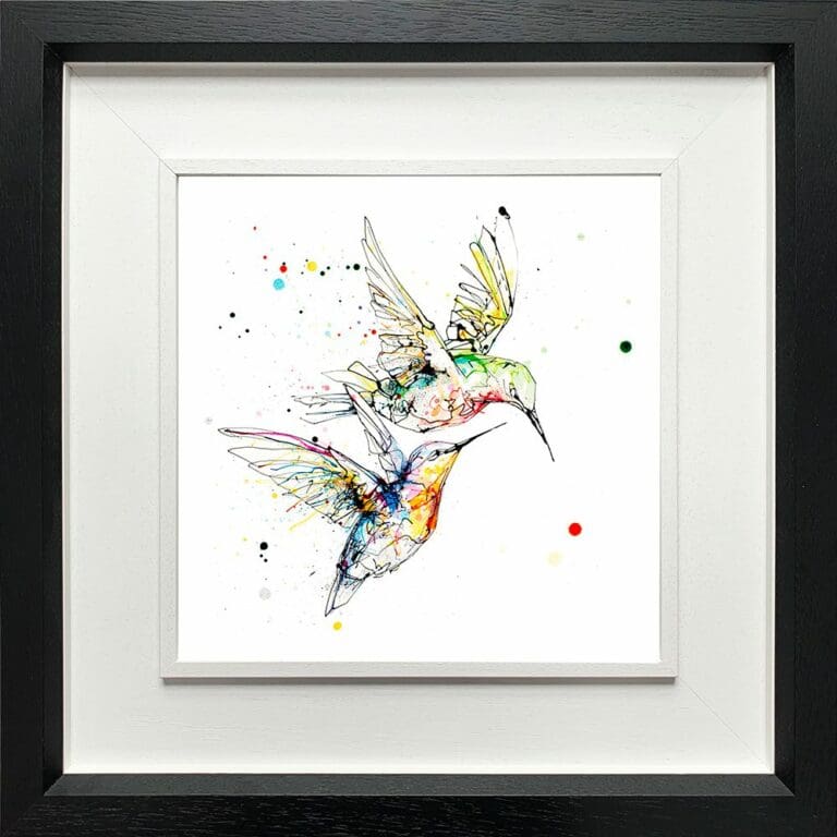 Circling Hummingbirds Paper Giclee Fine Art Print shown in Deluxe Black Frame