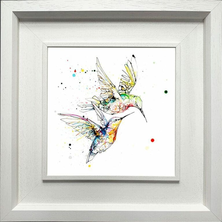 Circling Hummingbirds Paper Giclee Fine Art Print shown in Deluxe White Frame