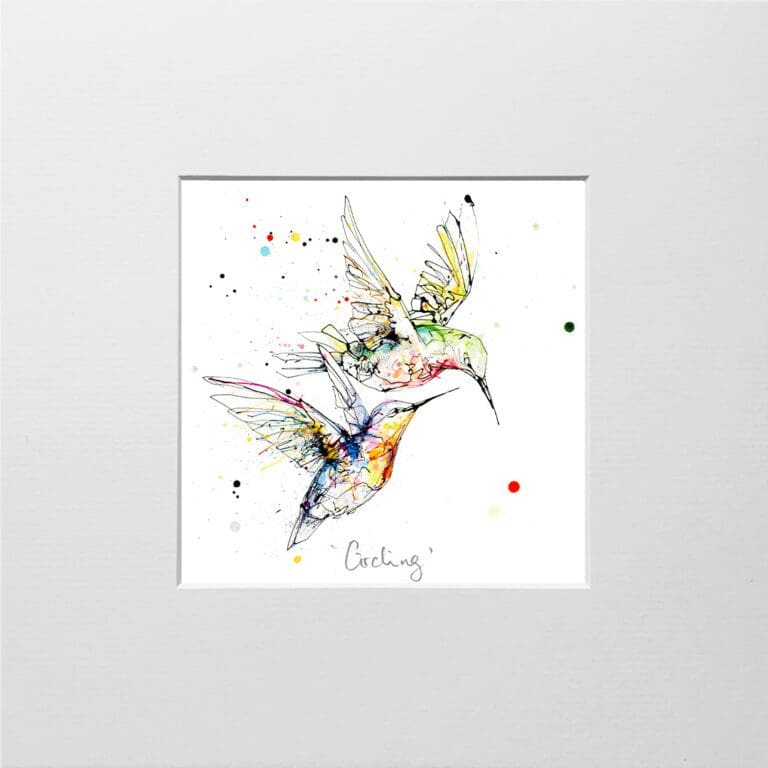 A digital mockup showing how a miniature print of Circling by Kathryn Callaghan will look presented in a 23cm mount. Circling features a pair of hummingbirds flying in tandem.