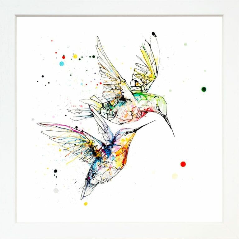 Circling Hummingbirds Paper Giclee Fine Art Print shown in Standard White Frame