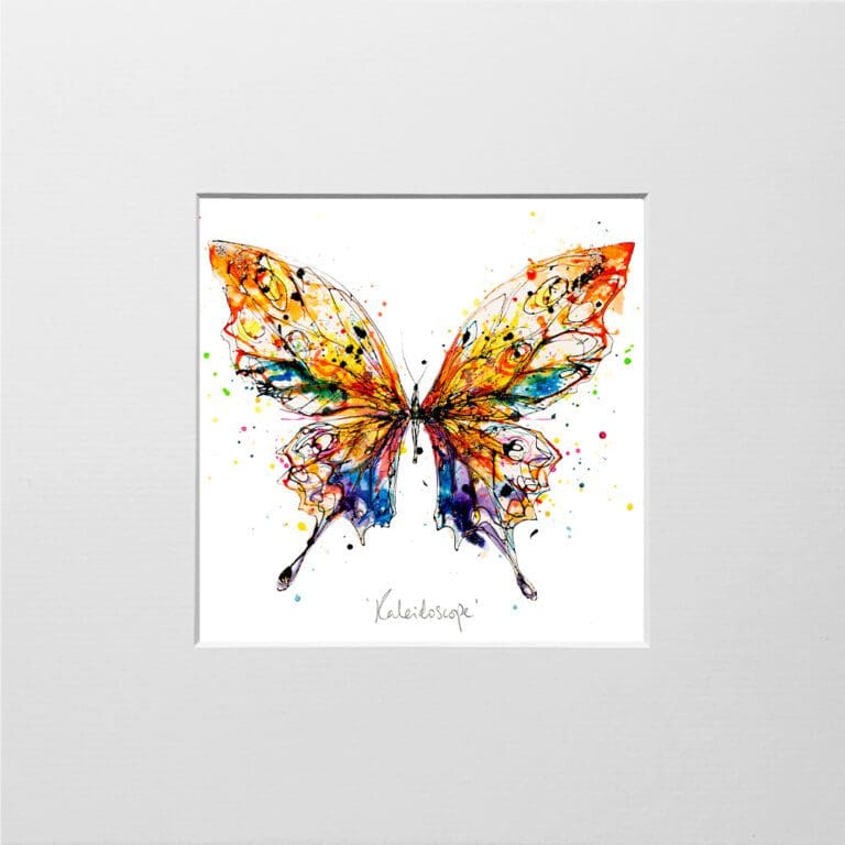 A digital mockup showing how a miniature print of Kaleidoscope by Kathryn Callaghan will look presented in a 23cm mount. Kaleidoscope features a magnificent butterfly with wings of orange, blue, and green.