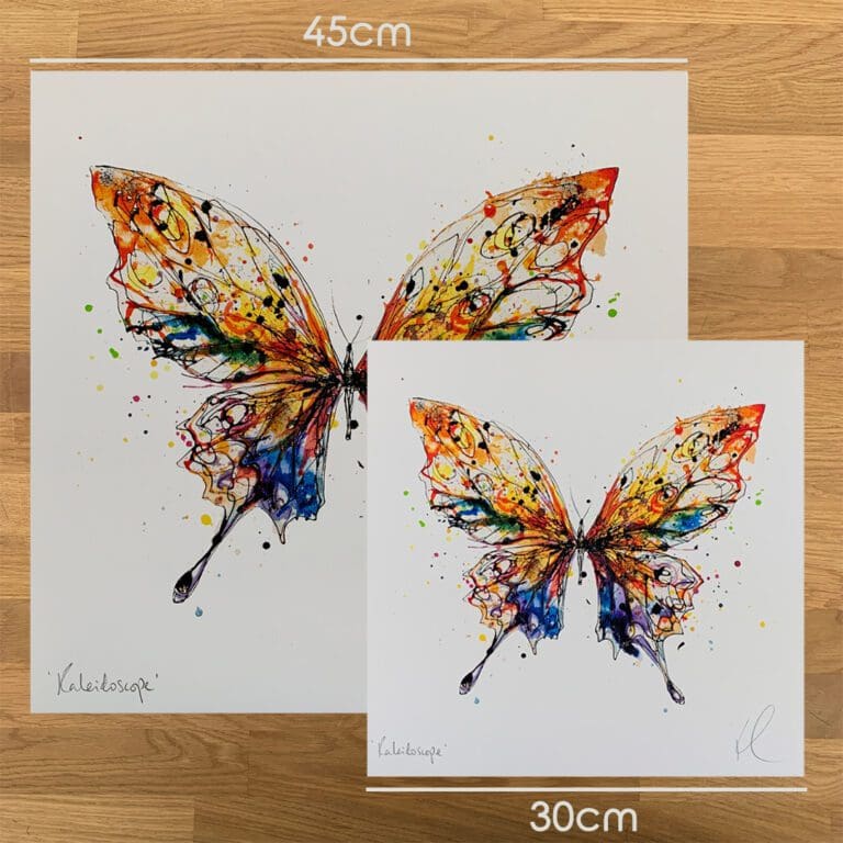 Two prints of Kaleidoscope by Kathryn Callaghan, a print of a magnificent butterfly, to show the size difference between the 45cm print and the 30cm print.