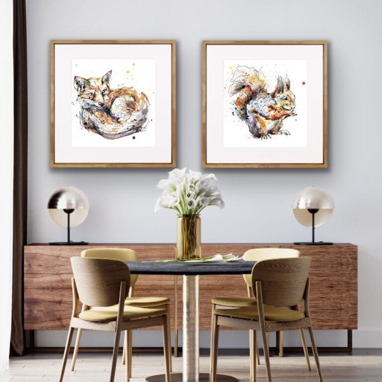 Awaken fox print and Nuts red squirrel print shown framed together in situ