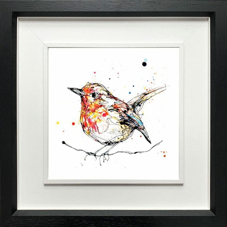 Peekaboo Robin Paper giclee Fine Art Print shown in Deluxe Black Frame