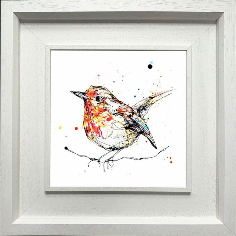 Peekaboo Robin Paper giclee Fine Art Print shown in Deluxe White Frame