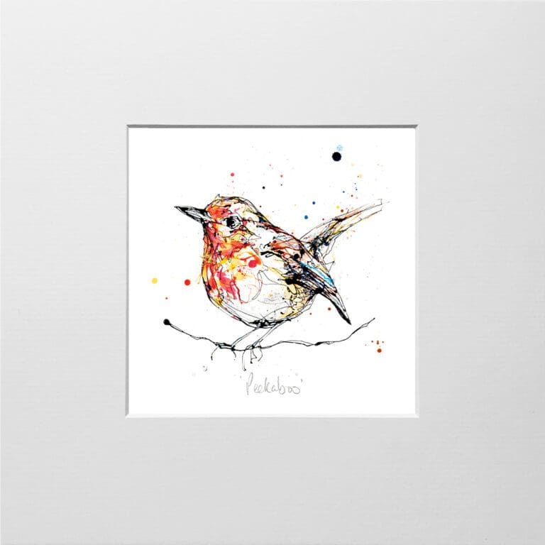 A digital mockup showing how a miniature print of Peekaboo by Kathryn Callaghan will look presented in a 23cm mount. Peekaboo features a perched robin.