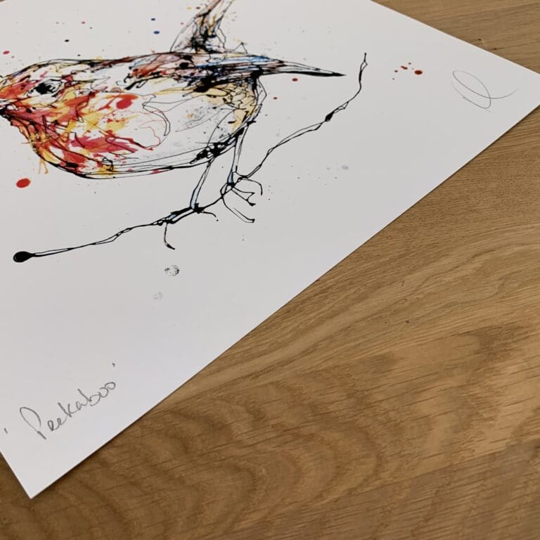 Photograph of Peekaboo by Kathryn Callaghan, which shows the print's title handwritten in the bottom left corner and the artist's signature in the bottom right, with space between to add a custom personalisation.