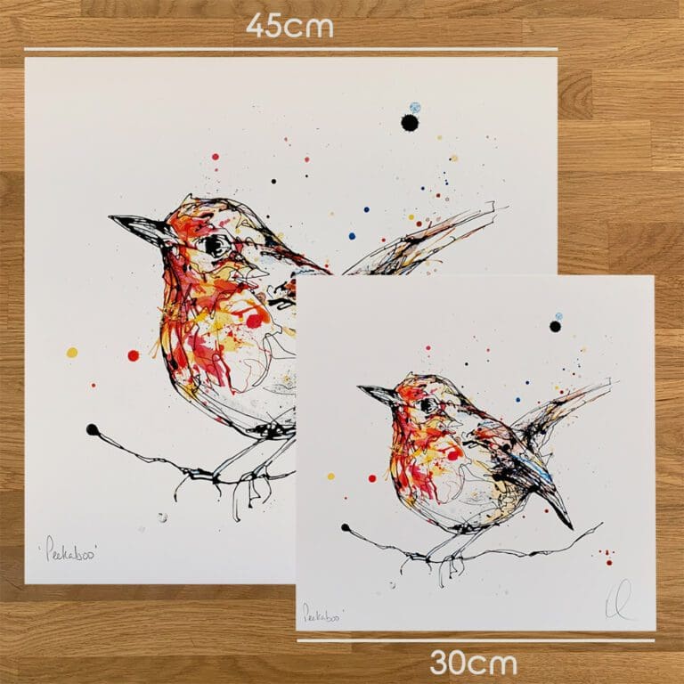 Two prints of Peekaboo, a robin print by Kathryn Callaghan, to show the size difference between the 45cm print and the 30cm print.