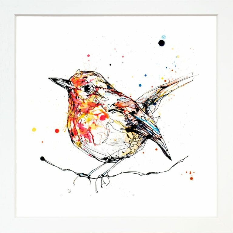 Peekaboo Robin Paper giclee Fine Art Print shown in Standard White Frame