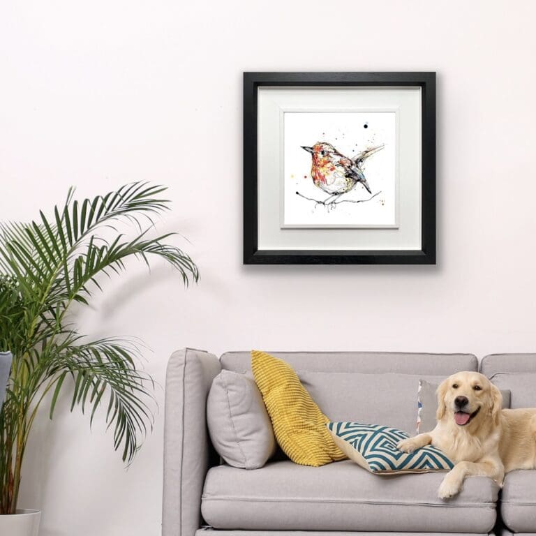 Peekaboo robin print shown in deluxe black frame in situ