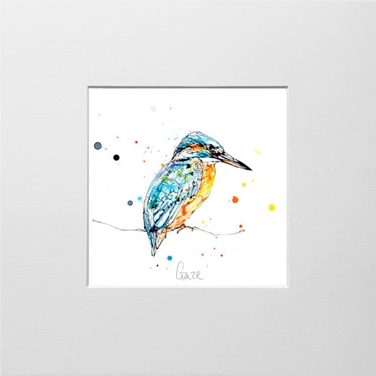 A digital mockup showing how a miniature print of Gaze by Kathryn Callaghan will look presented in a 23cm mount. Gaze features a perched kingfisher.