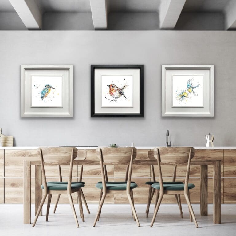 Gaze kingfisher, Peekaboo robin, and United Blue Tits print shown in Deluxe Frames in Situ