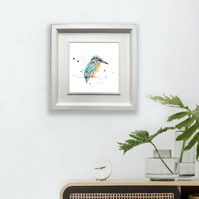 Gaze kingfisher print shown in Deluxe White Frame in Situ