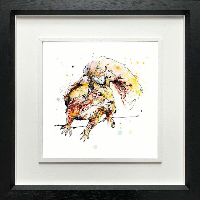 Get Set Go Red Squirrel Paper Giclee Fine Art Print shown in Deluxe Black Frame