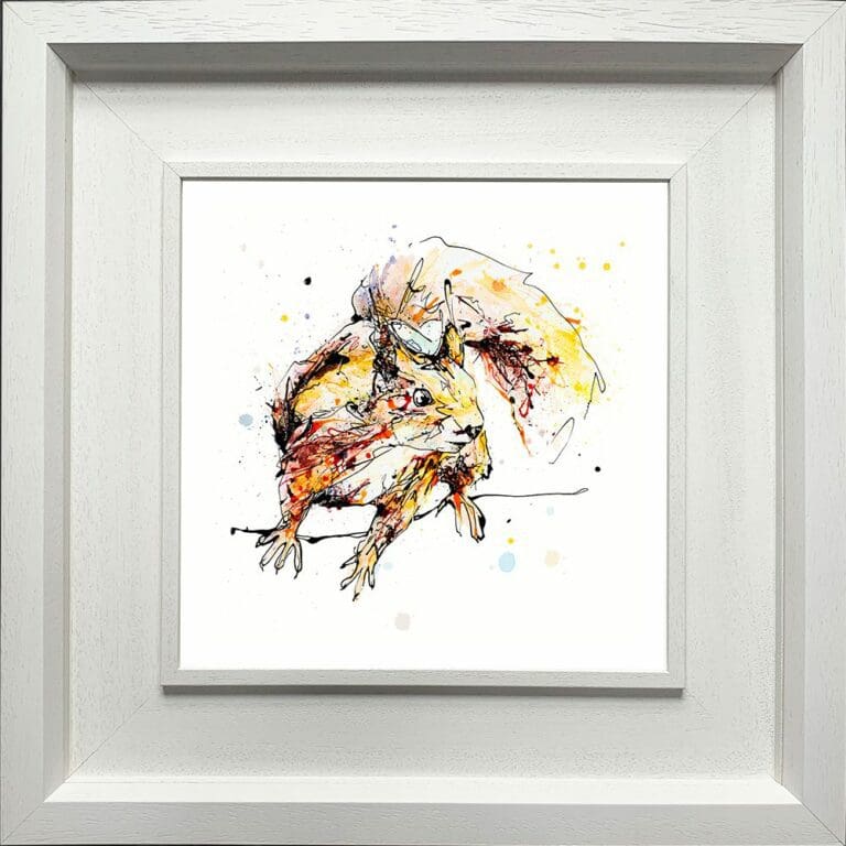 Get Set Go Red Squirrel Paper Giclee Fine Art Print shown in Deluxe White Frame