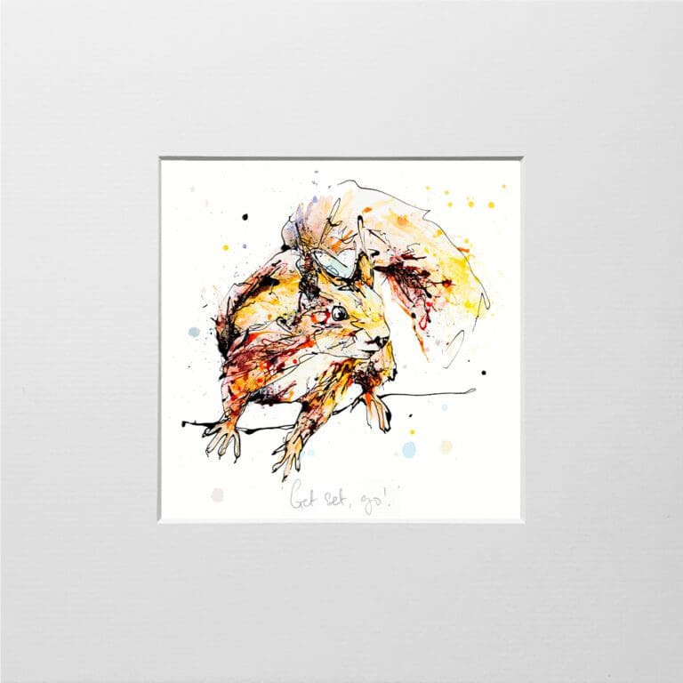 A digital mockup showing how a miniature print of Get Set, Go! by Kathryn Callaghan will look presented in a 23cm mount. Get Set, Go! features an energetic red squirrel.