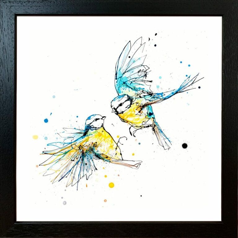 United Blue Tits Garden Birds Paper Giclee Fine Art Print in Black Frame