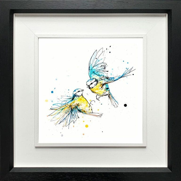 United Blue Tits Paper Giclee Fine Art Print shown in Deluxe black Frame