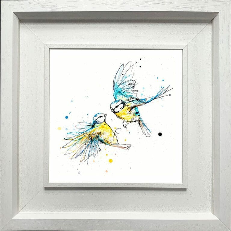 United Blue Tits Paper Giclee Fine Art Print shown in Deluxe White Frame