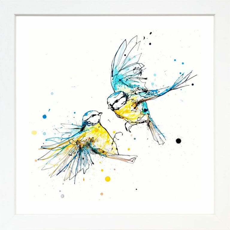 United Blue Tits Garden Birds Paper Giclee Fine Art Print in White Frame