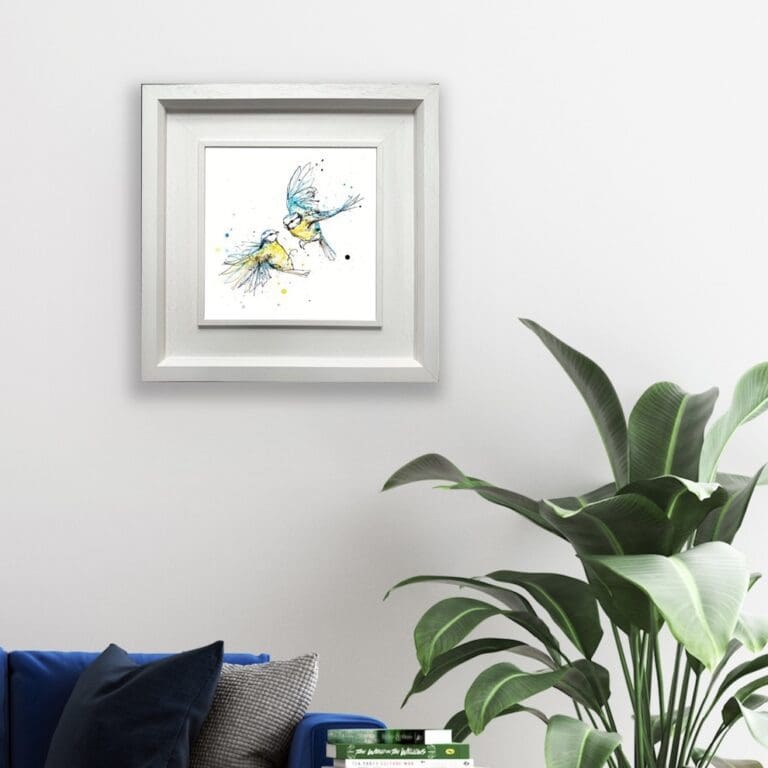 United Blue Tits Print shown in Deluze White Frame in Situ