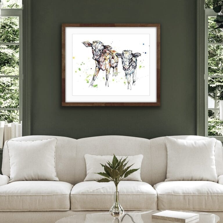 Daisy and Dot Cow and Calf giclee print shown framed in situ against green wall