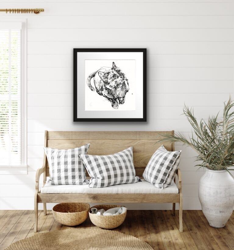 Curiosity Cat Print shown in Black Frame with Mount in Situ