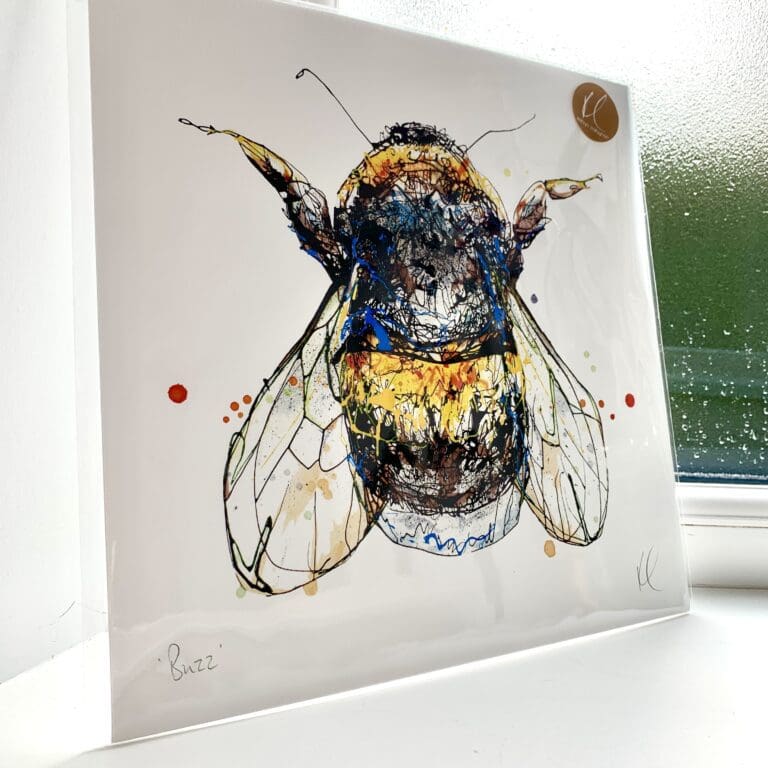 A print of Buzz by Kathryn Callaghan, which features a top down view of a bumblebee. The 30cm print is presented flat in a clear cello bag with a golden KC sticker in the top right.