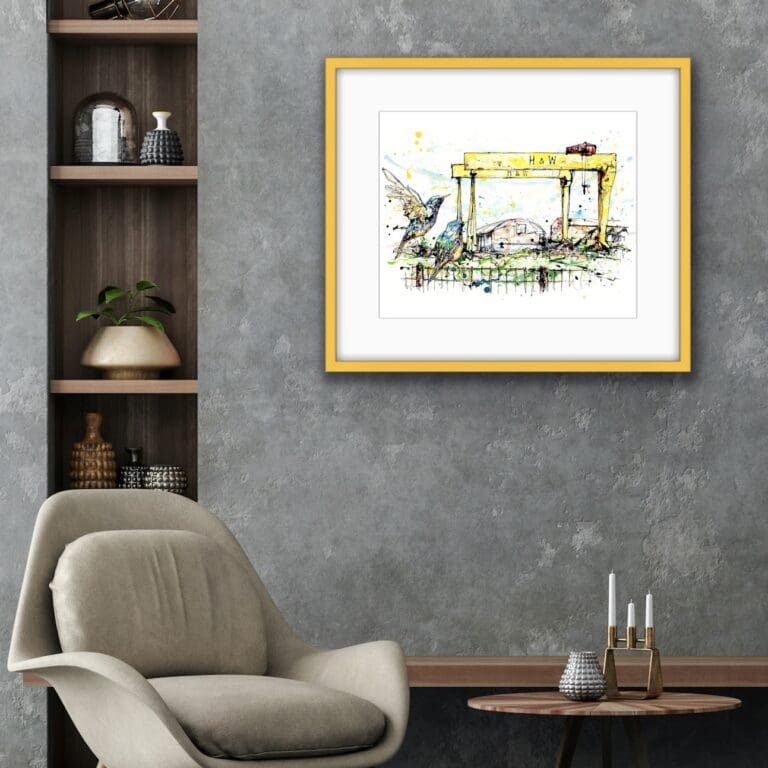 Belfast Cranes print shown framed in situ