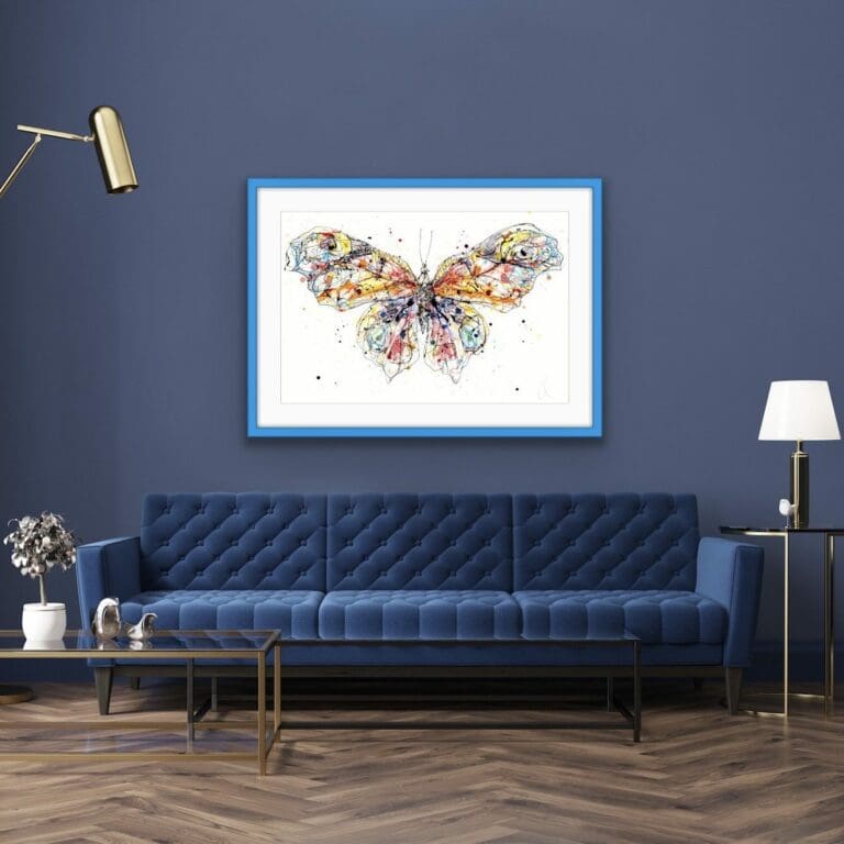 Wind Beneath My Wings Butterfly Print shown in Blue Frame in Situ