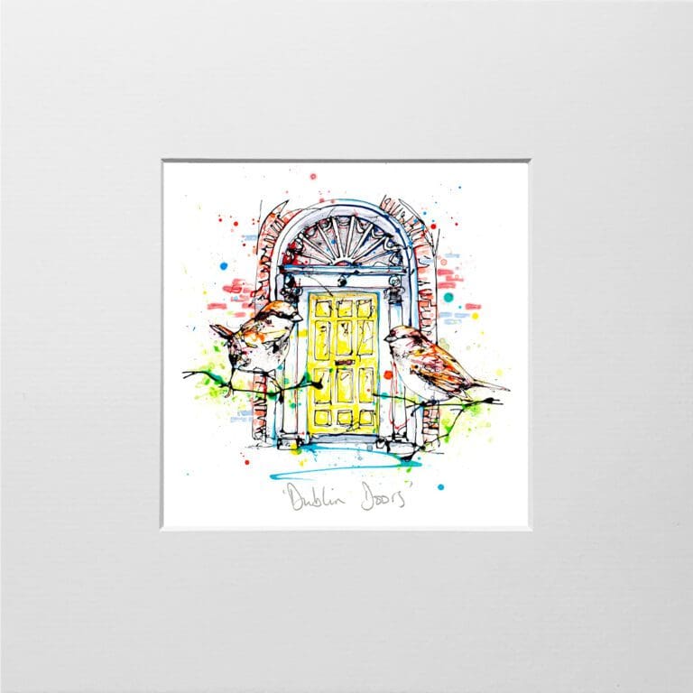 A digital mockup showing how a miniature print of Dublin Doors by Kathryn Callaghan will look presented in a 23cm mount. Dublin Doors features the iconic Georgian doors found on Dublin townhouses, with a pair of house sparrows sitting on branches in the foreground.