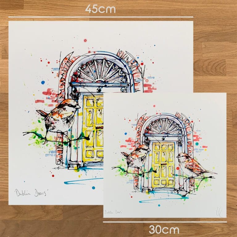 Two prints of Dublin Doors, an Ireland print by Kathryn Callaghan, to show the size difference between the 45cm print and the 30cm print.