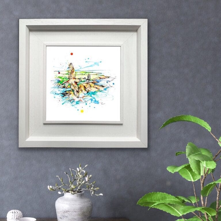 Hook Lighthouse giclee print shown in deluxe white frame in situ