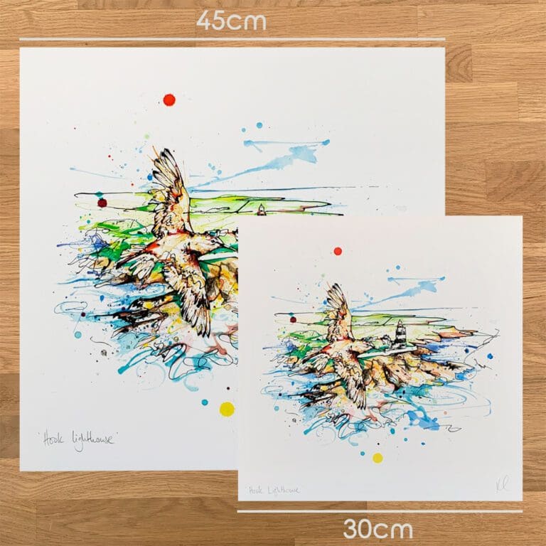 Two prints of Hook Lighthouse, an Ireland print by Kathryn Callaghan, to show the size difference between the 45cm print and the 30cm print.