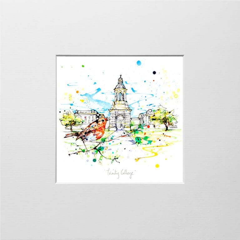 A digital mockup showing how a miniature print of Trinity College by Kathryn Callaghan will look presented in a 23cm mount.