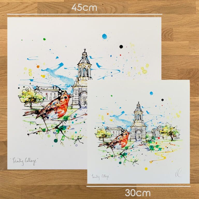 Two prints of Trinity College, an Ireland print by Kathryn Callaghan, to show the size difference between the 45cm print and the 30cm print.