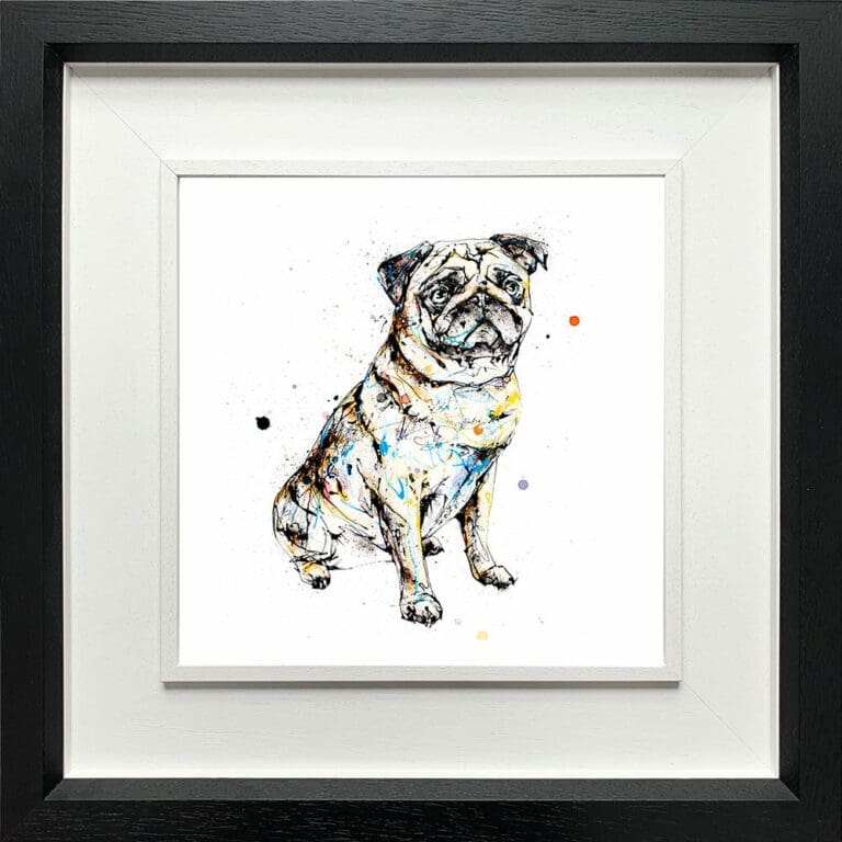 Anticipation Pug Paper Giclee Fine Art Print shown in Deluxe Black Frame