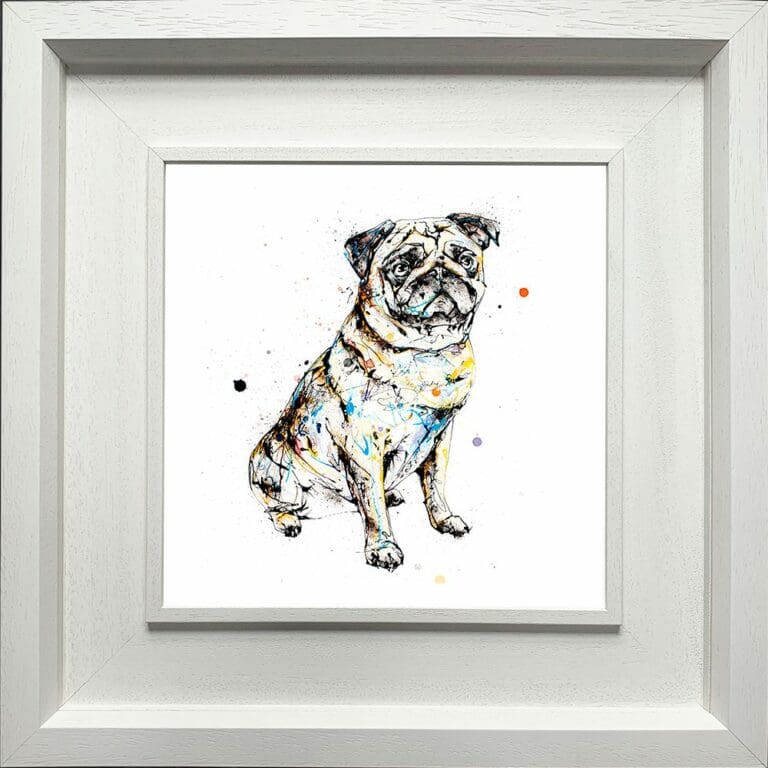 Anticipation Pug Paper Giclee Fine Art Print shown in Deluxe White Frame