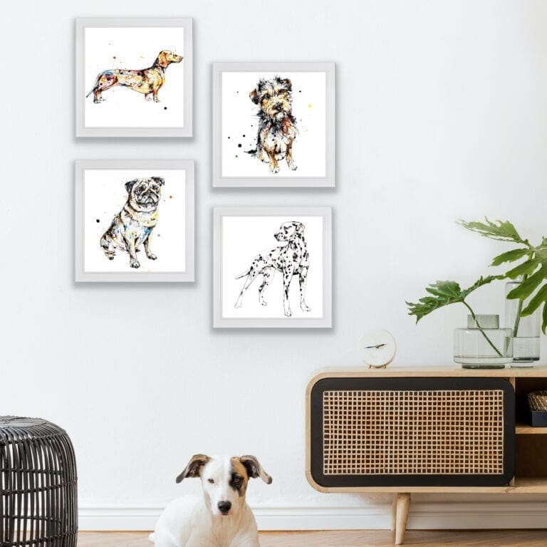 Anticipation Terrier Expectation Pug Spots Dalmatian and Hopeful Dachsund Giclee Paper Fine Art Prints displayed in White Frames in Situ