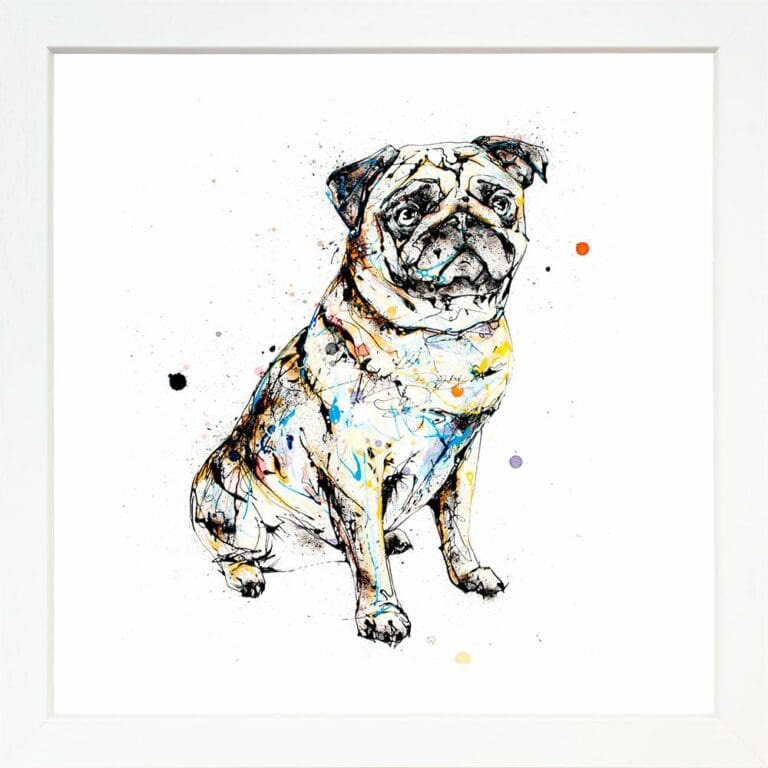 Anticipation Pug Paper Giclee Fine Art Print displayed in White Frame