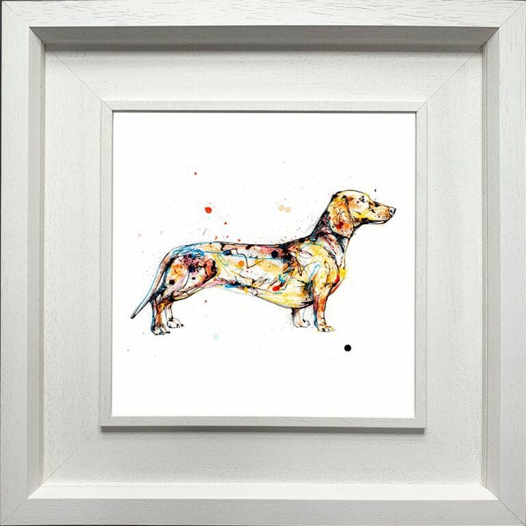 Hopeful Daschund Paper Giclee Fine Art Print shown in Deluxe White Frame