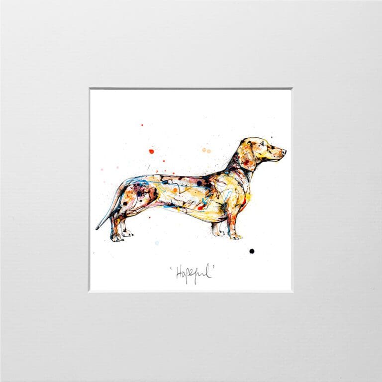 A digital mockup showing how a miniature print of Hopeful by Kathryn Callaghan will look presented in a 23cm mount. Hopeful features a dachshund standing facing right.